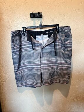 Tommy Bahama Gray Striped Swim Shorts with Subtle Pink Accents